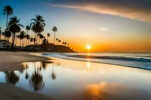 paume des arbres sur le plage à le coucher du soleil. généré par ai photo