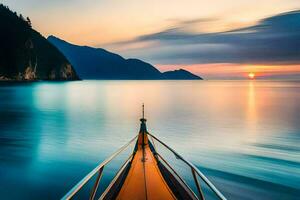 une bateau est amarré à le rive de une Lac à le coucher du soleil. généré par ai photo