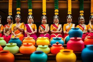 une groupe de femmes dans coloré saris séance sur une banc. généré par ai photo