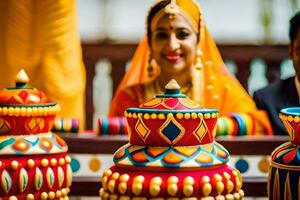 une la mariée et jeune marié dans traditionnel Indien tenue. généré par ai photo