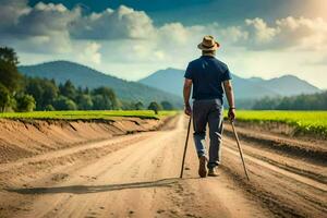 homme en marchant sur béquilles sur saleté route. généré par ai photo