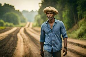 une homme portant une chapeau des promenades vers le bas une saleté route. généré par ai photo