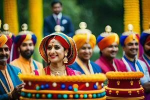 une la mariée et jeune marié dans coloré des turbans. généré par ai photo