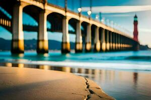 une plage avec une pont et une phare dans le Contexte. généré par ai photo