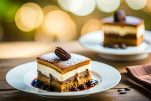 deux pièces de gâteau sur blanc assiettes. généré par ai photo