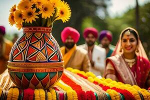 une la mariée et jeune marié sont permanent dans de face de une coloré vase. généré par ai photo