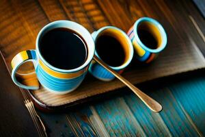 Trois tasses de café sur une en bois plateau. généré par ai photo