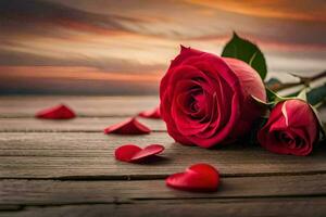 rouge des roses sur une en bois table avec cœurs. généré par ai photo