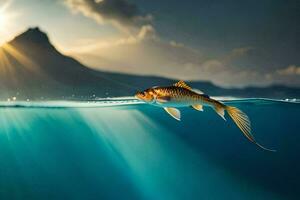 une poisson nager dans le océan avec le Soleil brillant. généré par ai photo