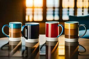 quatre coloré café des tasses séance sur une tableau. généré par ai photo