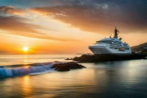 une luxe yacht dans le océan à le coucher du soleil. généré par ai photo