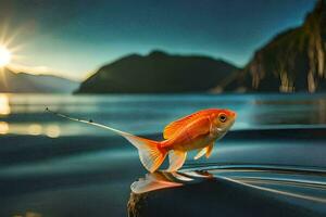 poisson rouge sur le bord de le eau, coucher de soleil, montagnes, eau, paysage, HD. généré par ai photo
