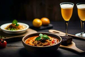 une bol de spaghetti avec Viande et du vin. généré par ai photo