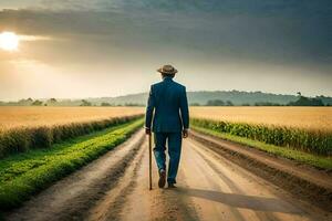 une homme dans une costume et chapeau en marchant vers le bas une saleté route. généré par ai photo