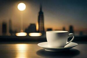 café tasse sur une table avec paysage urbain dans Contexte. généré par ai photo