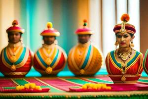 une table avec nombreuses coloré des vases sur il. généré par ai photo