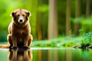une chien séance sur le bord de une étang dans le forêt. généré par ai photo