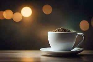 une tasse de café sur une en bois table avec bokeh lumières. généré par ai photo