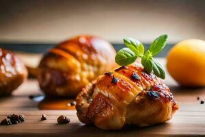 poulet enveloppé dans Bacon et herbes sur une en bois Coupe planche. généré par ai photo