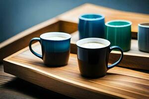 Trois café tasses sur une en bois plateau. généré par ai photo