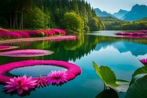 rose lotus fleurs sont flottant dans une lac. généré par ai photo