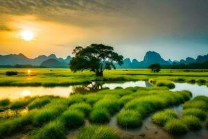 le li rivière, Chine, montagnes, coucher de soleil, herbe, des arbres, HD fond d'écran. généré par ai photo