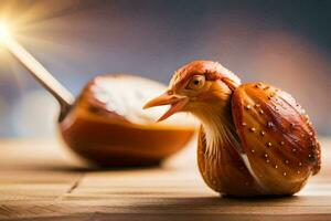 une poulet est séance sur Haut de une en bois tableau. généré par ai photo