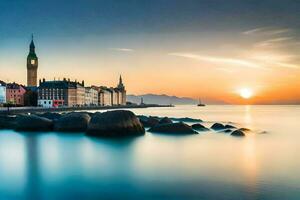 le Soleil ensembles plus de une ville horizon et une l'horloge la tour. généré par ai photo