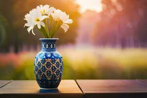 une vase avec blanc fleurs sur une table dans de face de une champ. généré par ai photo