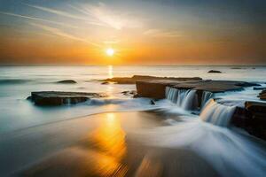 une longue exposition photographier de une cascade écoulement dans le océan. généré par ai photo