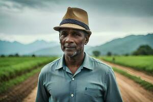 une homme dans une chapeau permanent dans une champ. généré par ai photo