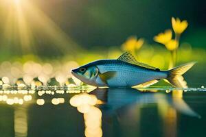 photo fond d'écran le soleil, poisson, eau, lumière, réflexion, réflexion, eau, poisson,. généré par ai
