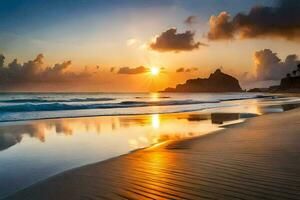 le Soleil monte plus de le océan et le le sable sur le plage. généré par ai photo