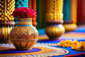 coloré des vases avec fleurs sur une bleu nappe de table. généré par ai photo