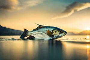 une poisson est flottant dans le l'eau à le coucher du soleil. généré par ai photo