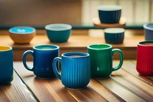 coloré café tasses sur une en bois tableau. généré par ai photo