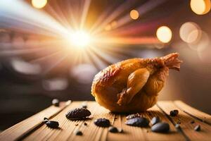 une poulet sur une en bois table avec une brillant lumière derrière il. généré par ai photo