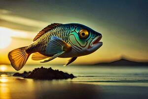 une poisson sauter en dehors de le l'eau à le coucher du soleil. généré par ai photo