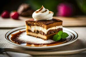 une pièce de Chocolat gâteau avec fouetté crème et menthe sur une plaque. généré par ai photo