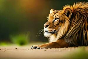 une grand Lion pose vers le bas dans le sable. généré par ai photo