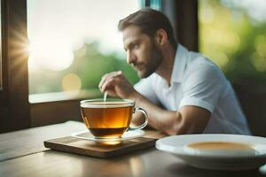 une homme en buvant thé dans le Matin. généré par ai photo