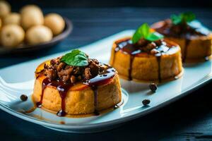 Trois petit desserts sur une blanc plaque. généré par ai photo