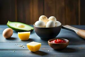 œufs, avocat, fromage et autre Ingrédients sur une en bois tableau. généré par ai photo