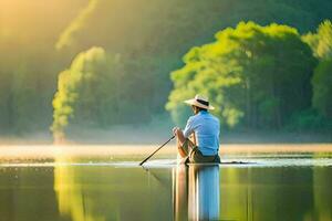 une homme dans une chapeau pagaies une canoë sur une lac. généré par ai photo