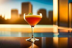 une cocktail dans une verre sur une table dans de face de une ville ligne d'horizon. généré par ai photo