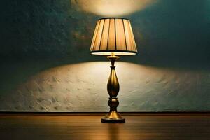 une lampe sur une en bois sol dans de face de une mur. généré par ai photo