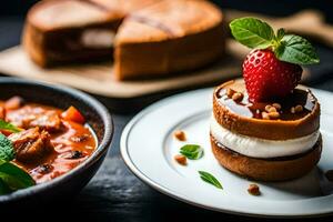 une dessert avec des fraises et une bol de soupe. généré par ai photo