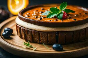 une gâteau avec Orange et myrtilles sur Haut. généré par ai photo