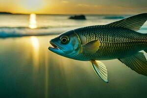 une poisson est montré dans le premier plan à le coucher du soleil. généré par ai photo