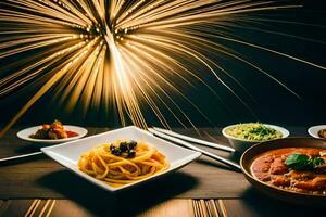 une table avec nourriture et feux d'artifice dans le Contexte. généré par ai photo